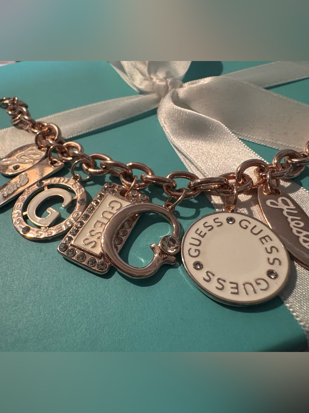Guess Rose Gold and White Enamel Logo Charm Bracelet